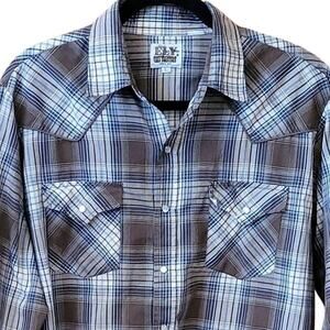 Vintage Ely Cattleman Western Pearl Snap Shirt Brown Blue Plaid Long Sleeve L